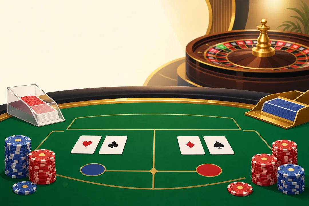 Ilustrasi meja live casino hijau dengan kartu dan chip — panduan live casino Joybola