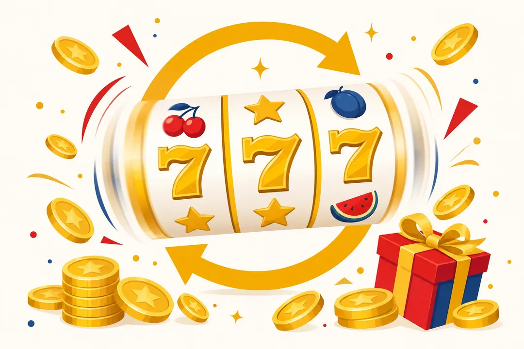 Ilustrasi gulungan slot berputar dengan koin — putaran gratis Joybola