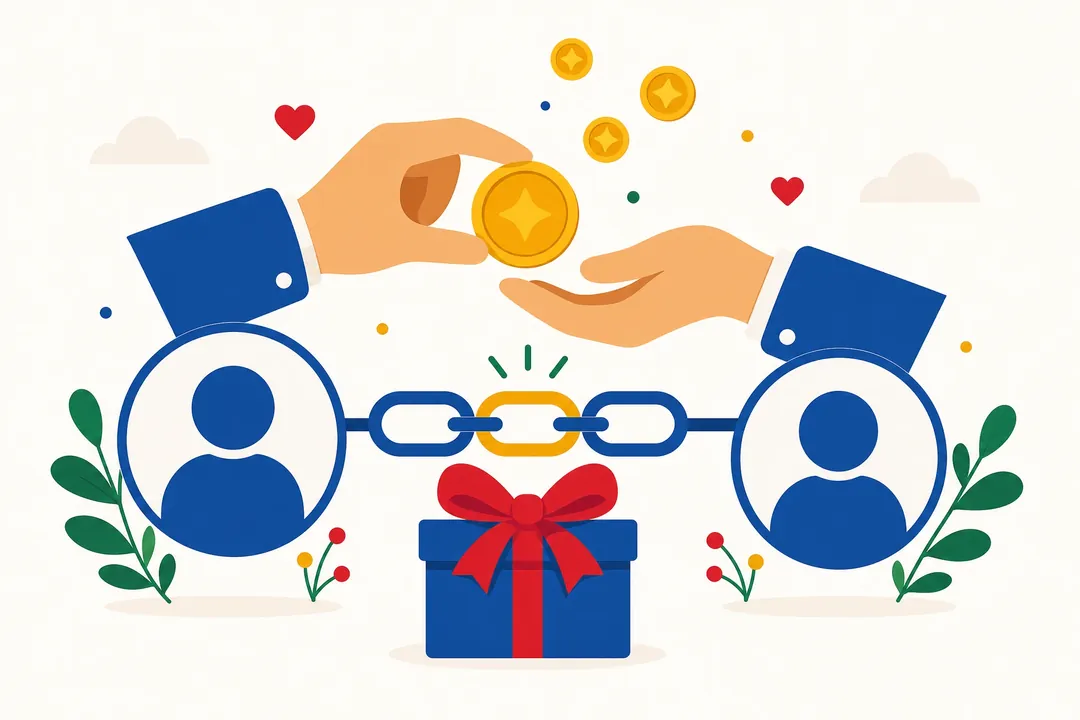 Ilustrasi dua tangan bertukar koin emas — bonus referral Joybola