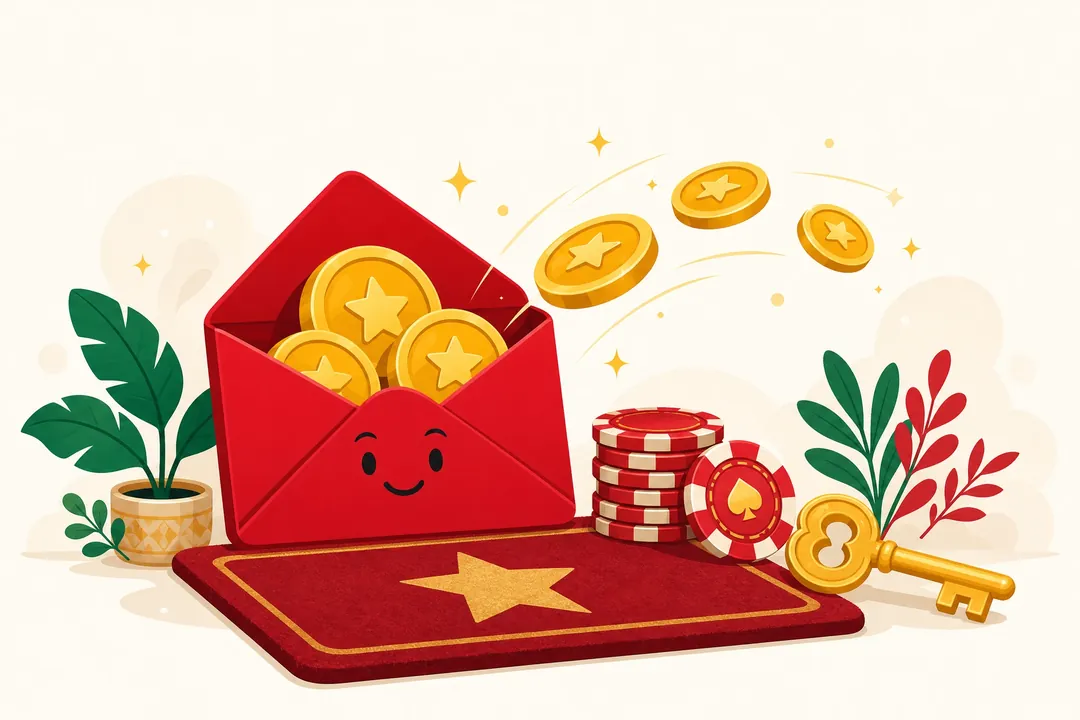 Ilustrasi amplop merah dengan koin emas — bonus selamat datang Joybola