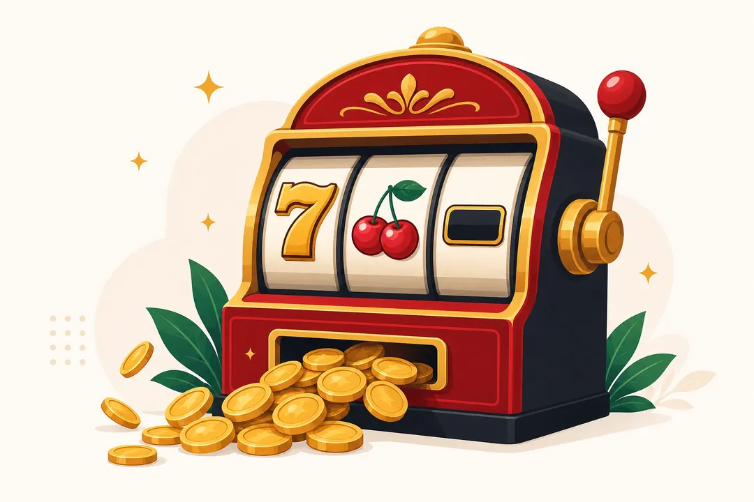 Ilustrasi mesin slot dengan koin emas — panduan slot game Joybola